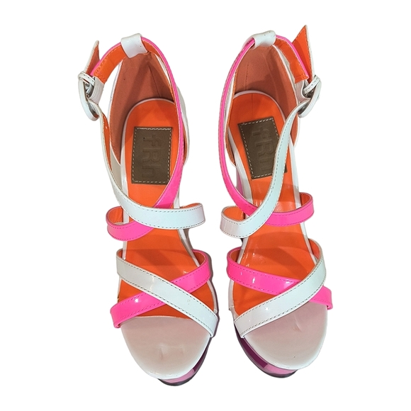 FRH Multicolor Pink White and Orange Acrylic heel Paten Leather Wedge size 6 - Picture 3 of 12